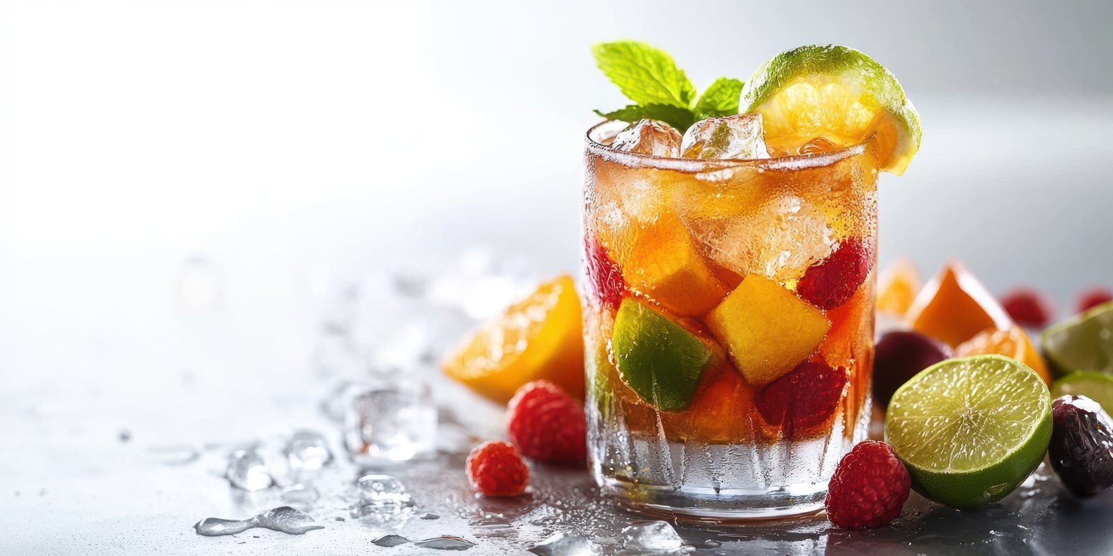 Refreshing summer cocktail with assorted fruits and ice served on a bright table